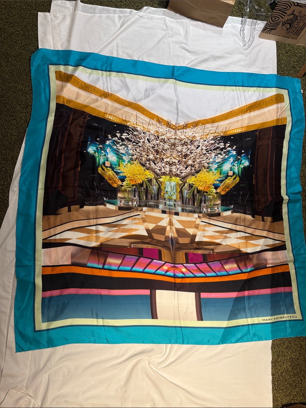 MARY KATRANTZOU Turquoise-Bordered Mirrored Floral Silk Scarf
